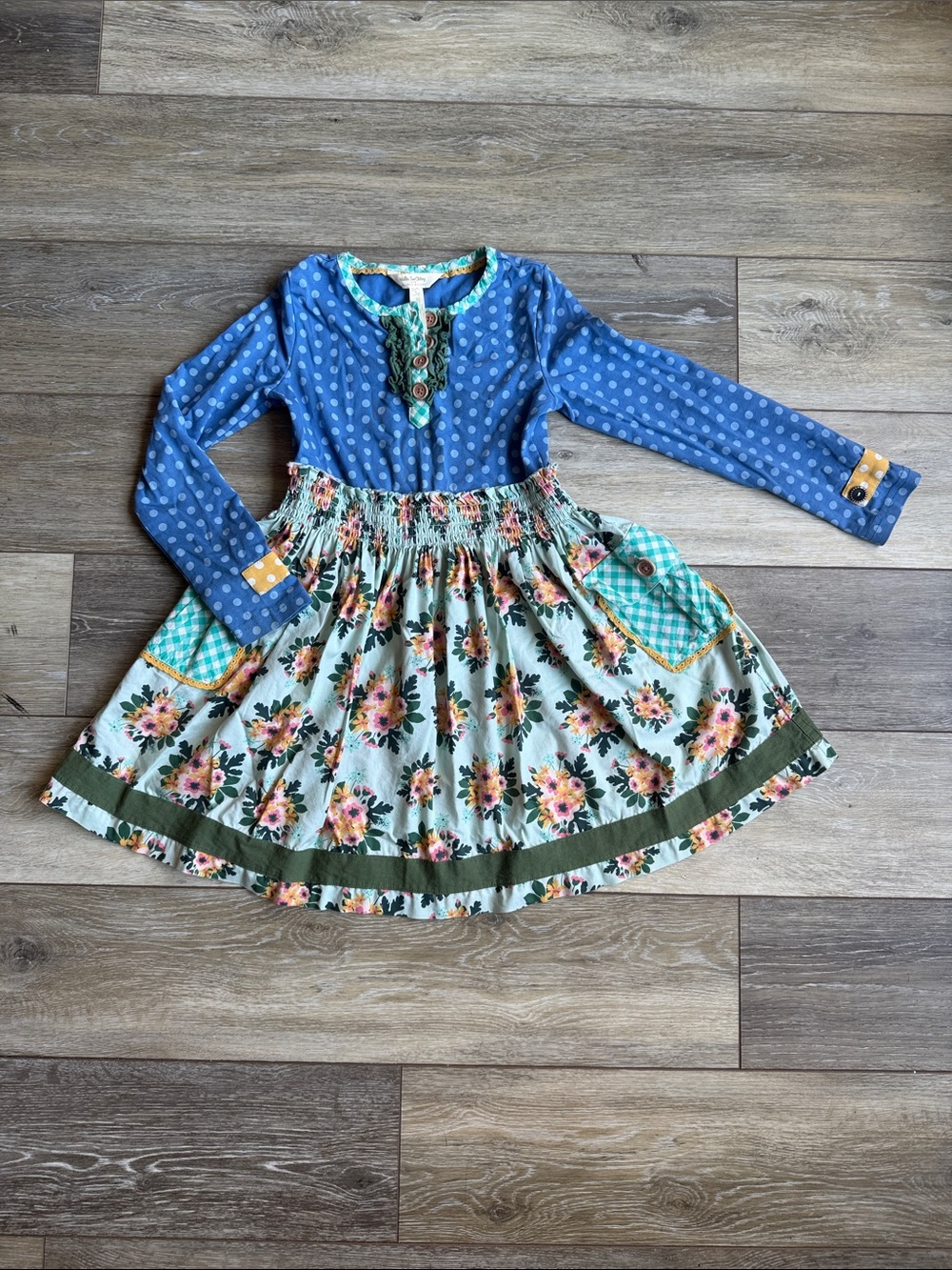 Matilda Jane Blue & Mint Floral Long-Sleeve Dress with Gingham Pockets